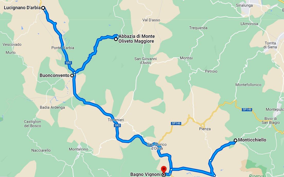 Itinerario Via Cassia desde Lucignano d'Arbia a Bagno Vignoni.