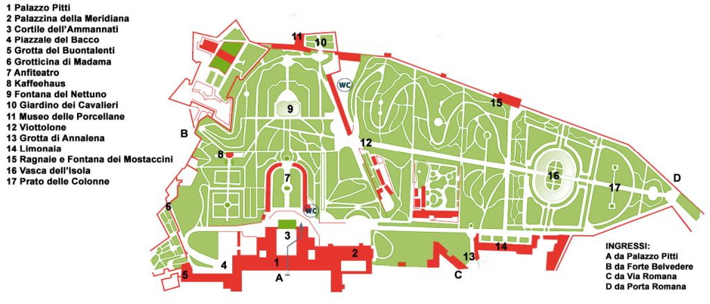Mapa accesos Jardines Boboli en Florencia.